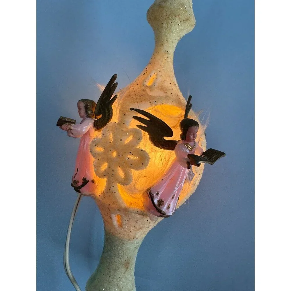 Vintage Celluloid Flocked Angel Christmas Tree Topper Lighted Germany 12